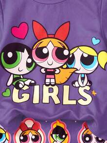 THE POWERPUFF GIRLS X SHEIN Baby Girl Cute Sweet Cartoon Print T-Shirt And Shorts 2-Piece Set Suitable For Spring And Summer - Purple - View 6