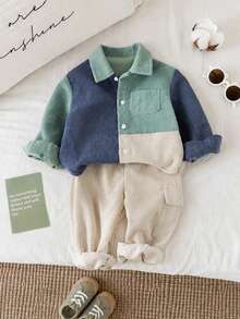 SHEIN Baby Boy Corduroy Patchwork Jacket And Elastic Waist Long Pants Set, Cute Autumn/Winter Outfit - Multicolor - View 1