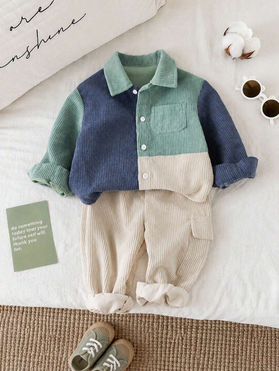 SHEIN Baby Boy Corduroy Patchwork Jacket And Elastic Waist Long Pants Set, Cute Autumn/Winter Outfit - Multicolor - View 1