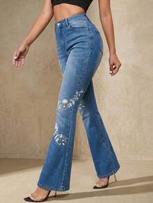 Selenza Women's Fashionable Summer Floral Pattern Casual Versatile Flare Jeans - Blue - View 1