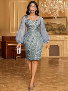 Fleurora 女士优雅提花心形领灯笼袖中长连衣裙，秋季 - 湖藍色 - 查看 7