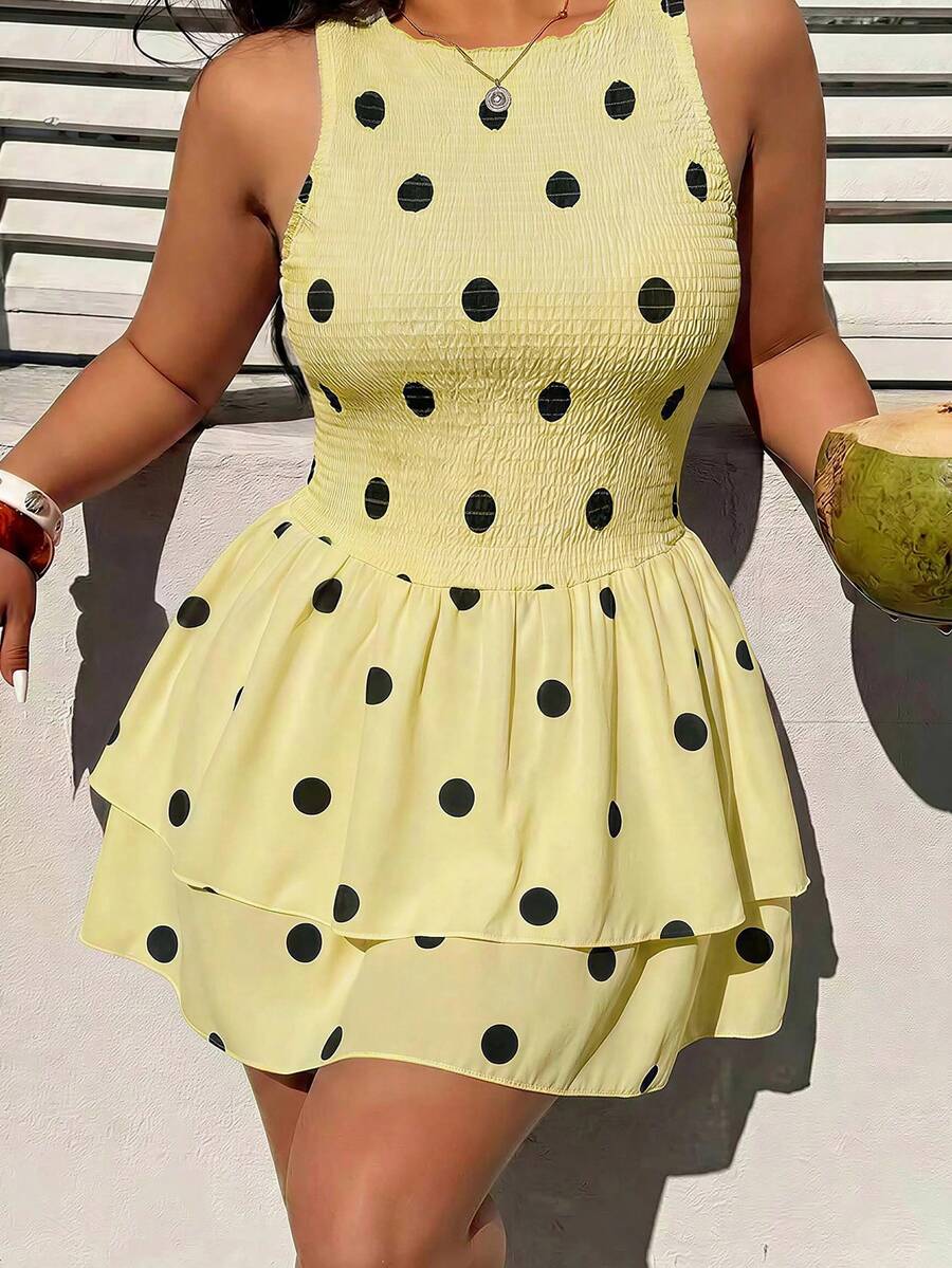 Sunnyshic 法式風格白色黃色無袖洋裝 夏季女款收腰顯瘦優雅可愛 1950年代復古雙層荷葉邊休閒裙 - 淡黃色 - 查看 1