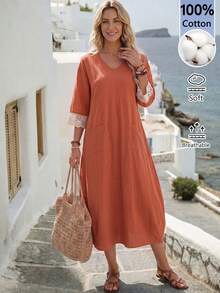 Faunlyn Women's Vacation Casual Boho Lace Patchwork Midi Dress Rust Orange Summer Everyday Going Out - Burnt Orange - View 2