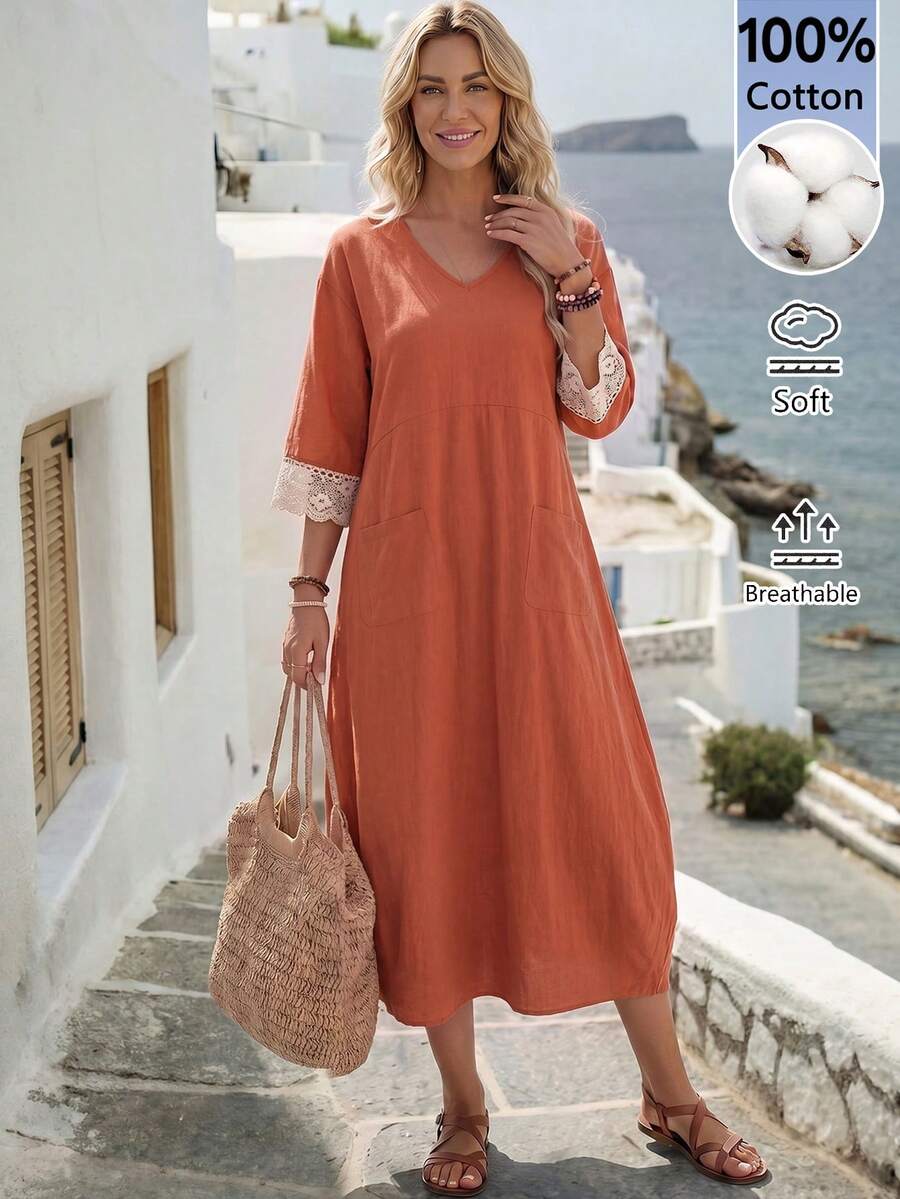 Faunlyn Women's Vacation Casual Boho Lace Patchwork Midi Dress Rust Orange Summer Everyday Going Out