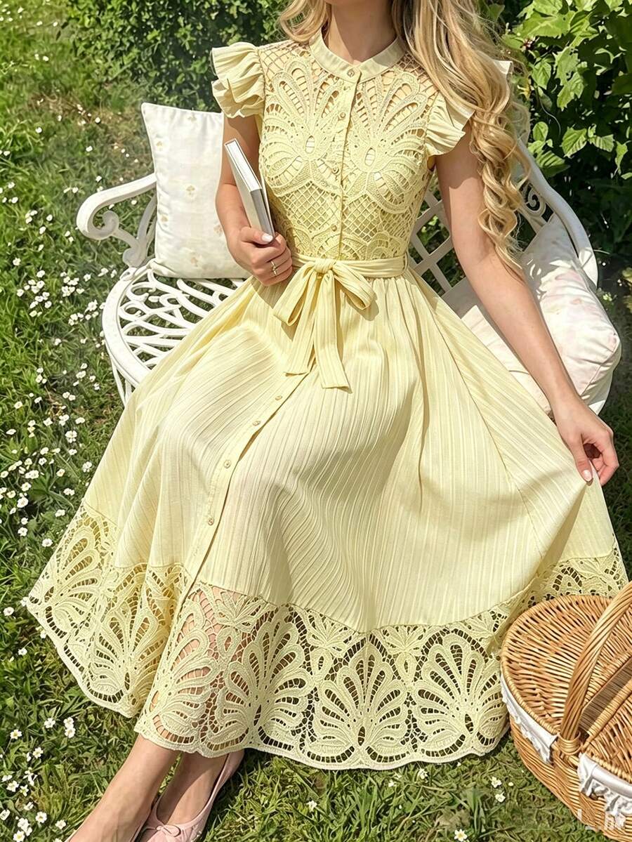 Modelyn 女士立领纯色系带蕾丝拼接优雅夏季连衣裙长款女装晚礼服 - 黃色 - 查看 1