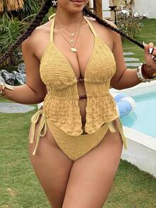 Swim Vcay Plus Size Women 2pcs Textured Fabric Halter Neck Front Tie Triangle Bikini Set Vacation Tank Style Swimsuit Beach Yellow Summer Sexy - Yellow - View 6