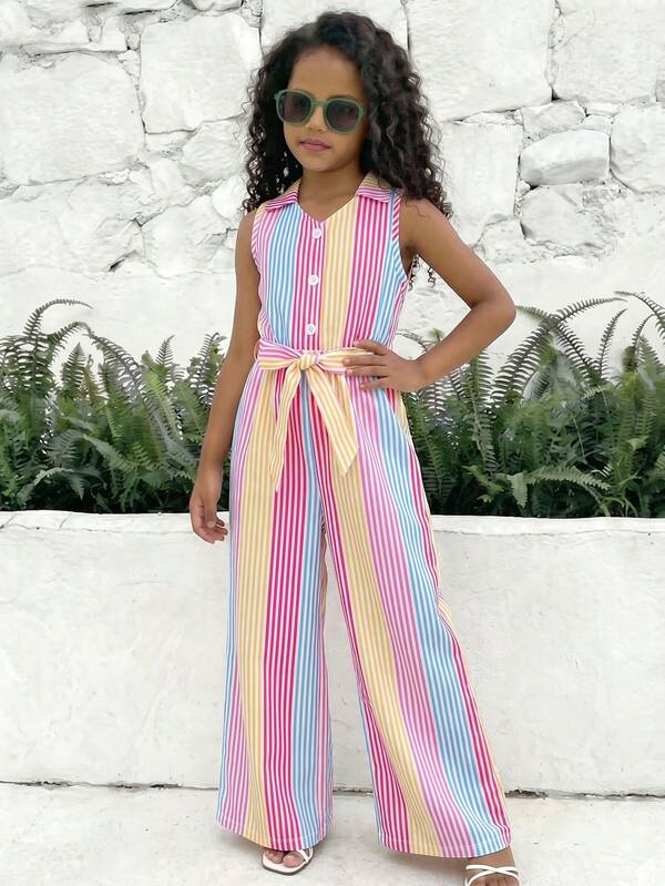SHEIN Mono casual de vacaciones para niñas, versátil y combinable, con cuello, botones delanteros, cinturón, cómodo, suave, con efecto arrugado y aspecto de denim, pantalones largos, adecuado para otoño, picnic, salidas, a juego con hermanas, uso diario