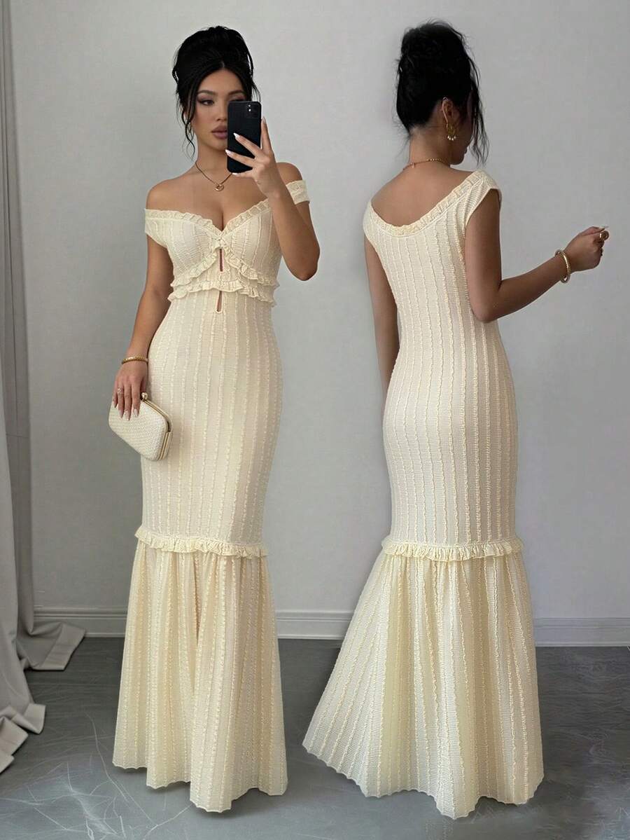 Elenzga Rochie lungă de petrecere elegantă pentru femei, cu umerii descoperiți, plisată, cu talie marcată - Lumină galbenă - Vizualizare 1