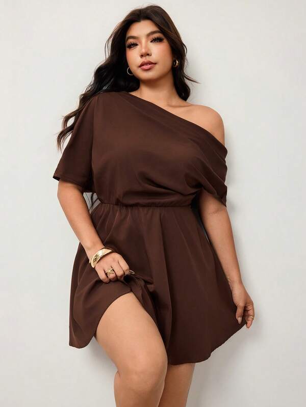 Enliva Plus Size Women's Casual Commute Solid Color Asymmetric Neckline Cinched Waist A-Line Dress, Summer Brown Elegant Dress, Chocolate Brown Dress, Coffee Brown Dress, Brown Wedding Guest Dress, Spring Women's Clothing, Spring Women's Clothing