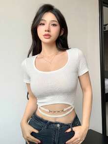 Joudiya 女款夏季短袖白色抽繩綁帶水鑽裝飾修身甜美短版T恤 - 白色 - 查看 5