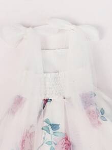 Glamorique Kids 女童白色歐根紗花卉印花細肩帶洋裝，肩部蝴蝶結、後背繫帶與荷葉邊設計，生日派對禮服 - 彩色 - 查看 6