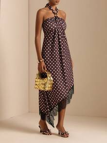 SHEIN LUNE Women's Elegant Retro 90s Vacation Daily Halter Neck Asymmetric Hem Lace Patchwork Dress Party Brown And White Polka Dot Summer - Brown - View 4
