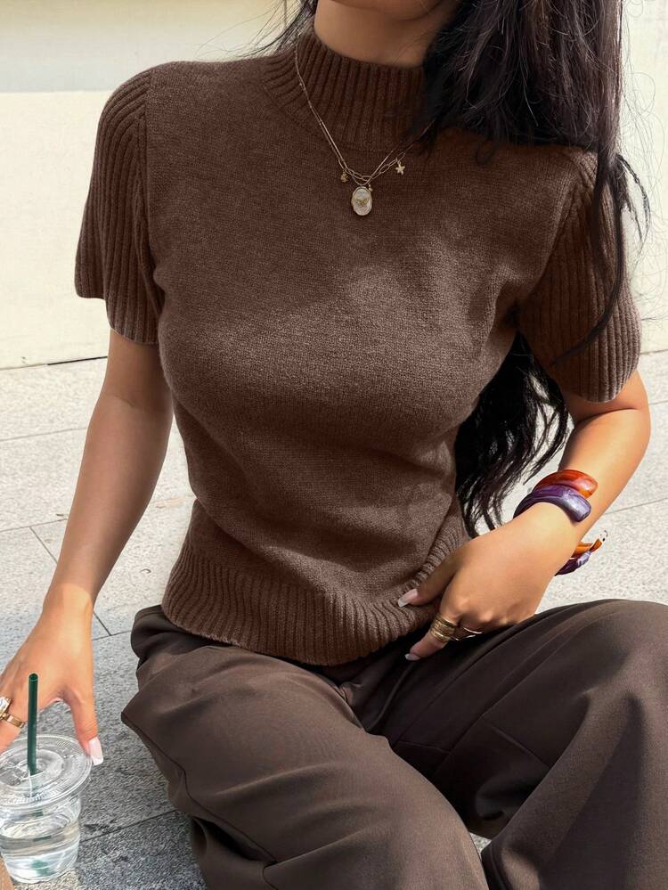 Siren Gaze 女款純色高領短袖羊毛針織上衣，夏季辦公室棕色系休閒基礎優雅款 - 駝色 - 查看 3