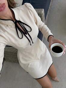 Firerie New Chinese Style Stand-Up Collar Tie-Up Hollowed-Out Dress With Contrasting Trim, Slimming Mini Dress - Khaki - View 7