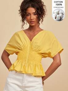 Travachic Women's Solid Color Pleated Batwing Sleeve Top Summer Holiday Outfits Office Outfits For Women -Cotton Material - Pale Yellow - View 5