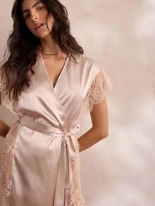 Charlaine Women's Sweet Satin & Lace Patchwork Tie-Front Robe - Khaki - View 5
