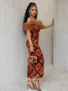 SHEIN Women's Elegant Brown Off-Shoulder Ruffle Print Maxi Dress, Slim Bodycon Back Slit Ankle-Length Gown, Exotic Occasion Wear For Party Banquet Date. - Brown - View 5
