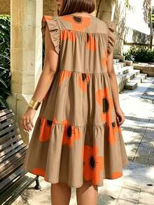 SHEIN LUNE CURVE Plus Size Vintage Boho Burnt Orange Bud Dress, Contrast Color Ruffle Hem Spaghetti Strap Dress, Elegant Slimming Vacation Summer Vacation Carribean - Khaki - View 2