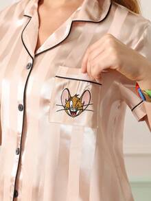 Chillnights TOM & JERRY X SHEIN Young Pattern Satin Open Front Women's Top And Shorts Pajama Set - Multicolor - View 6