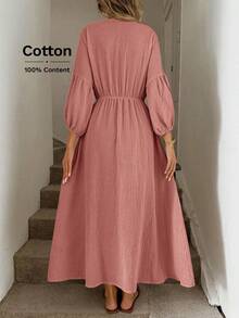 SHEIN LUNE V領蝴蝶結燈籠袖抓皺腰A字傘裙雙層克ريب棉布休閒寬鬆通勤老錢風女款長洋裝 - 紅木色 - 查看 2