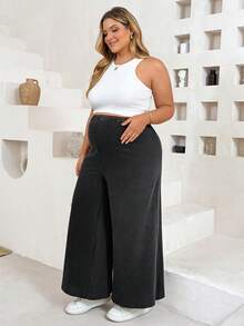 Plussiva Celana Panjang Longgar Kasual Ukuran Plus untuk Ibu Hamil Musim Gugur - Dark Grey - View 3