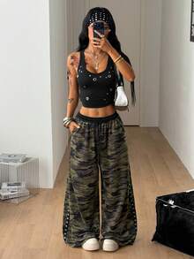 Coolane Pantalones largos de cintura alta y holgados con estampado de camuflaje y decoración metálica lateral para mujer - Verde militar - Ver 6
