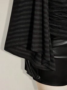 SHEIN ICON 大尺碼女款 Y2K 復古條紋掛脖喇叭袖時尚 T 恤，前衛街頭風休閒喇叭袖掛脖條紋針織上衣 - 深灰色 - 查看 7