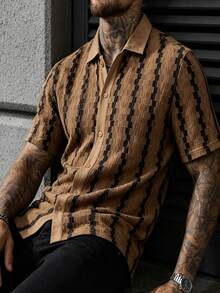 Manfinity Homme Men's Casual Striped Short Sleeve Shirt, Summer - Coffee Brown - View 7