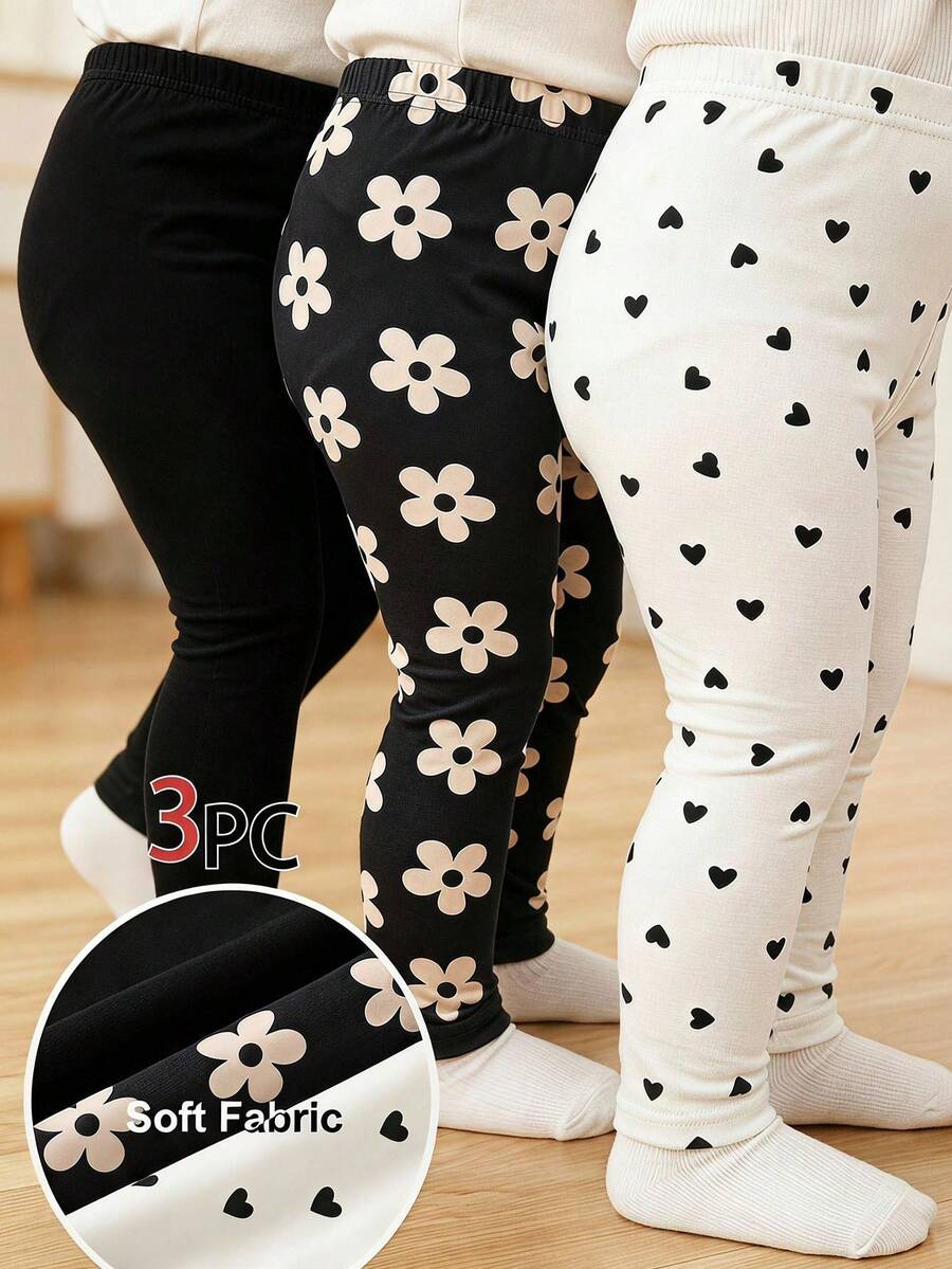 Cozy Pixies 女嬰軟綿綿愛心與花朵印花黑色針織打底褲 3件組,適合正式、休閒、日常穿著、外出、街頭風,適用任何場合,姐妹搭配,親子穿搭,可愛女童套裝 - 彩色 - 查看 1