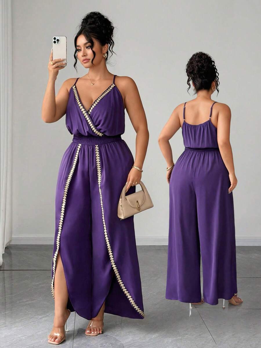 SHEIN Clasi Plus Size Women's Shirred Cinched Waist Ruffle Hem Heart Tie Decor Jumpsuit, Casual Elegant Vacation Outfit Party Dark Purple Summer - Purple - View 1