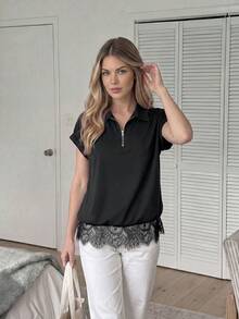 Easowa With Half-Zip Placket, Wide Shoulders, Lace Patchwork, Traceable Cotton Fabric, Casual Relaxed Elegant Commuter Vacation Spring Summer Office Black - Black - View 5