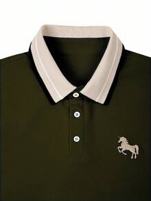 Calvornis Men's Ribbed Collar Embroidered Short Sleeve Casual Polo Shirt - Army Green - View 4
