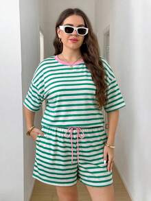 SHEIN LUNE Plus Size Women's Round Neck White Colorblock Top And Shorts Casual Traditional Daily 2-Piece Set Beach Vacation Airport Summer Striped - Multicolor - View 2