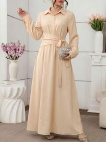 Al Najma Elegant Solid Color Button Side Tie Slim Fit Turkish Maxi Dress & Arabic Traditional Abaya - Apricot - View 7