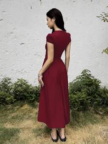 SHEIN 青少年女孩休閒極簡舒適收腰純色長洋裝 - 酒紅色 - 查看 2