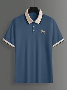 Calvornis Kemeja Polo Kasual Lengan Pendek Pria dengan Kerah Bergaris dan Bordir - Dusty Blue - View 3