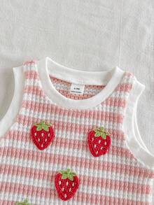 SHEIN Playful Pals 女嬰夏季可愛草莓刺繡條紋無袖上衣與短褲套裝 寬鬆版型 黑白格紋 度假休閒穿搭 - 粉色 - 查看 7