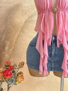 Soleia Top sexy versátil para mujer de color liso con cuello halter, plisado y volantes, para citas y salidas - Rosa Pálido - Ver 3