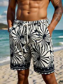 Manfinity Swimmode Pantalones cortos de playa de moda con patrón geométrico y cordón para hombre, adecuados para vacaciones y uso diario - Blanco y Negro - Ver 5