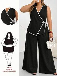 SHEIN CURVE+ Plus Size Women Textured Tie-Front Contrast Color Shirt And Minimalist Casual Loose Wide-Leg Pants Set Vacation Black Summer - Black - View 1
