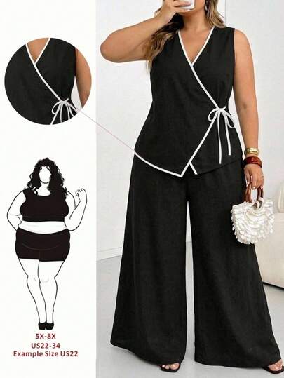 SHEIN CURVE+ 大尺碼女款紋理前綁帶對比色襯衫與極簡寬鬆寬腿褲套裝