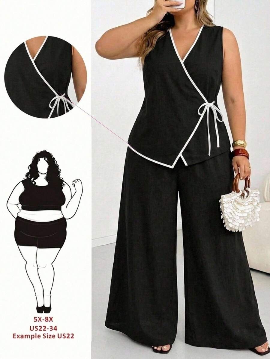 SHEIN CURVE+ Plus Size Women Textured Tie-Front Contrast Color Shirt And Minimalist Casual Loose Wide-Leg Pants Set Vacation Black Summer - Black - View 1