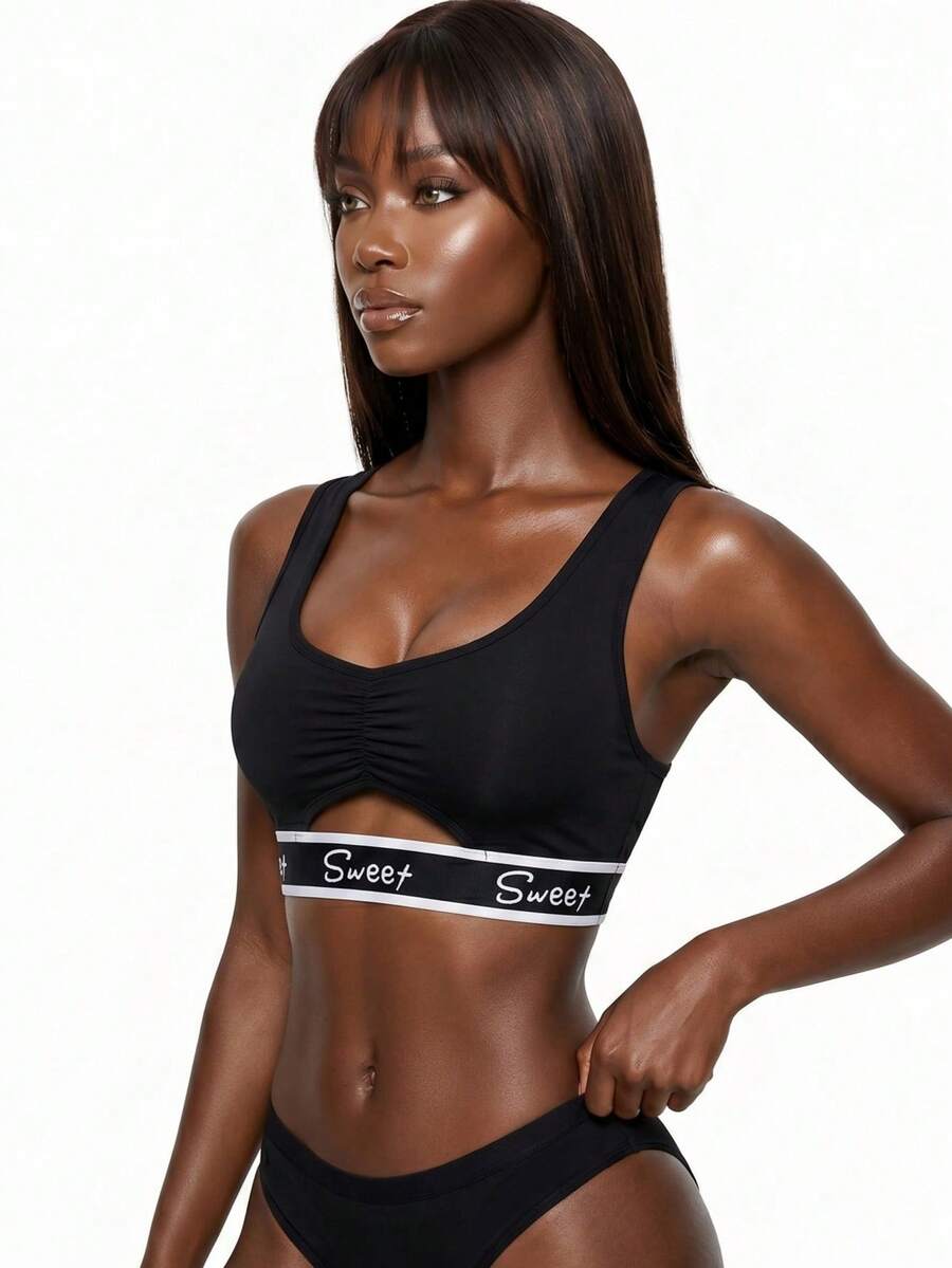Rest Era Women's Letter Print Colorblock Cutout Sexy Cropped Lingerie - Black - View 1