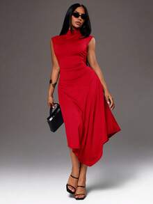 Radiana Women's Summer Casual Sexy Minimalist Elegant Red Fitted Asymmetrical A-Line Mid-Length Waist-Cinching Business Dress Knit Fabric Bar Party - Red - View 4