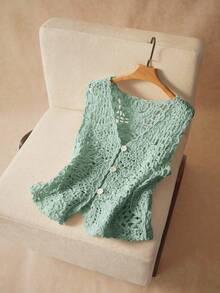 Elaquor Plus Size Solid Color Hollow Knit Vest For Vacation Casual Wear - Green - View 4