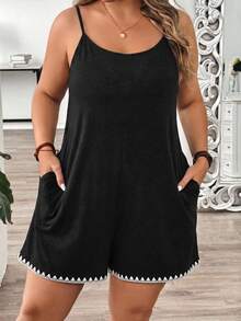 Comfylo Plus Size Women's Summer Vacation Style Colorblock Machine-Printed Shell Flower Special Craft Round Neck Casual Jumpsuit, With Pockets, Suitable For Travel, Vacation, Summer And Daily Wear - Black - View 2