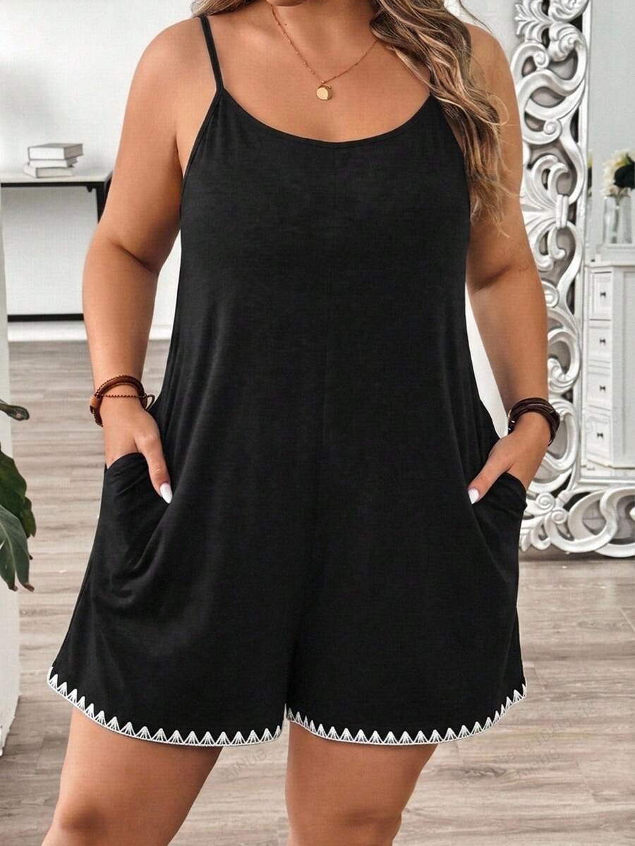 Comfylo Plus Size Women's Summer Vacation Style Colorblock Machine-Printed Shell Flower Special Craft Round Neck Casual Jumpsuit, With Pockets, Suitable For Travel, Vacation, Summer And Daily Wear