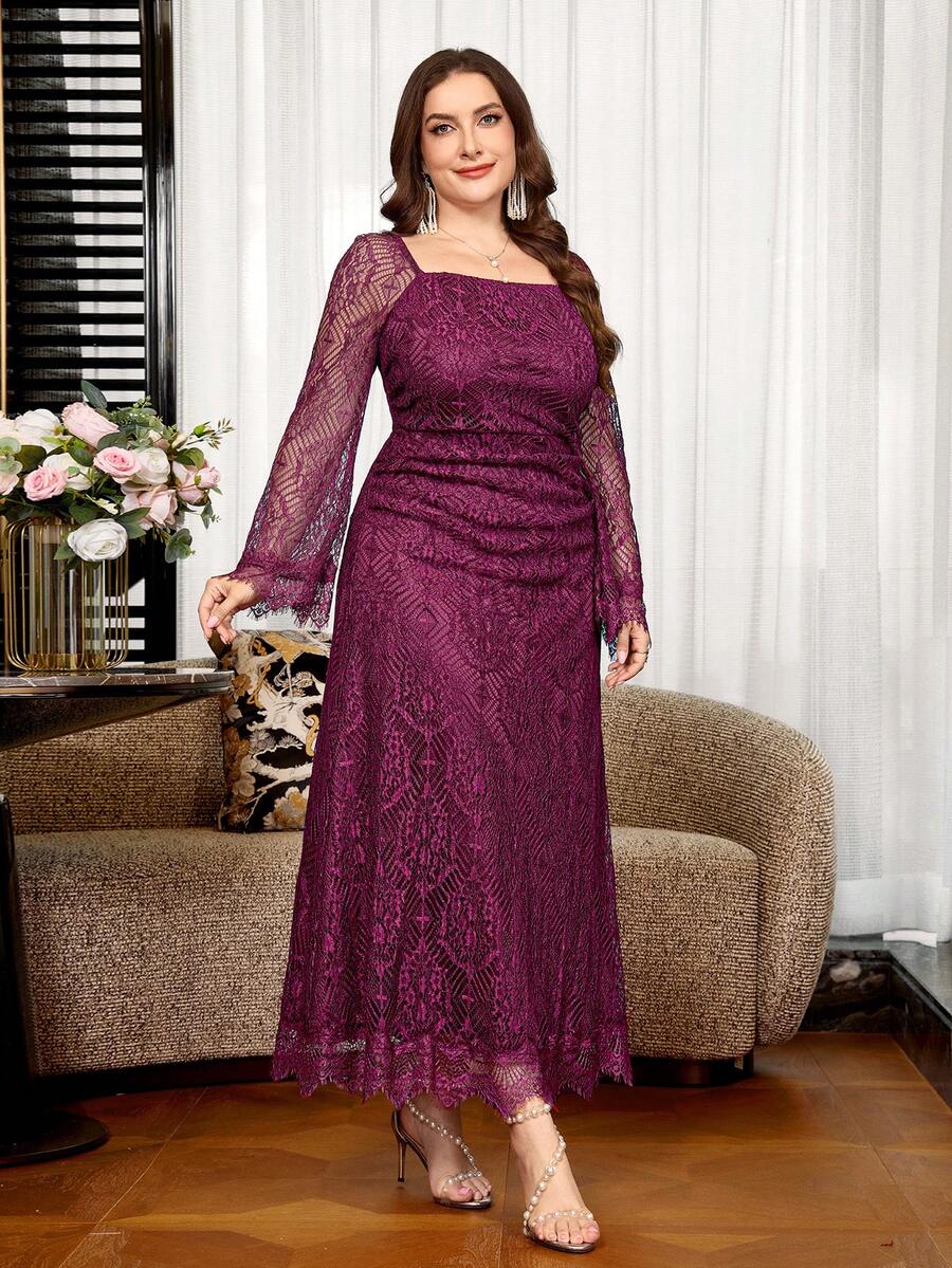 Reflora Plus Size Women Square Neck Pleated Elegant Waist-Cinching Party Dress - Purple - View 1