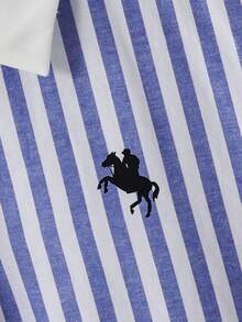 青少年女孩 Polo 領條紋刺繡圖案短袖中長洋裝，適合青少年女孩，對比色荷葉領花瓣袖印花洋裝，適合學校、戶外活動、購物，鈕扣洋裝童裝 - 寶藍色 - 查看 7