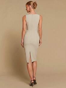 COSMINA Women's Elegant Striped Cinched Waist Mid-Length Dress, Versatile For Office, Commute And Everyday Wear, All Season - Apricot - View 7